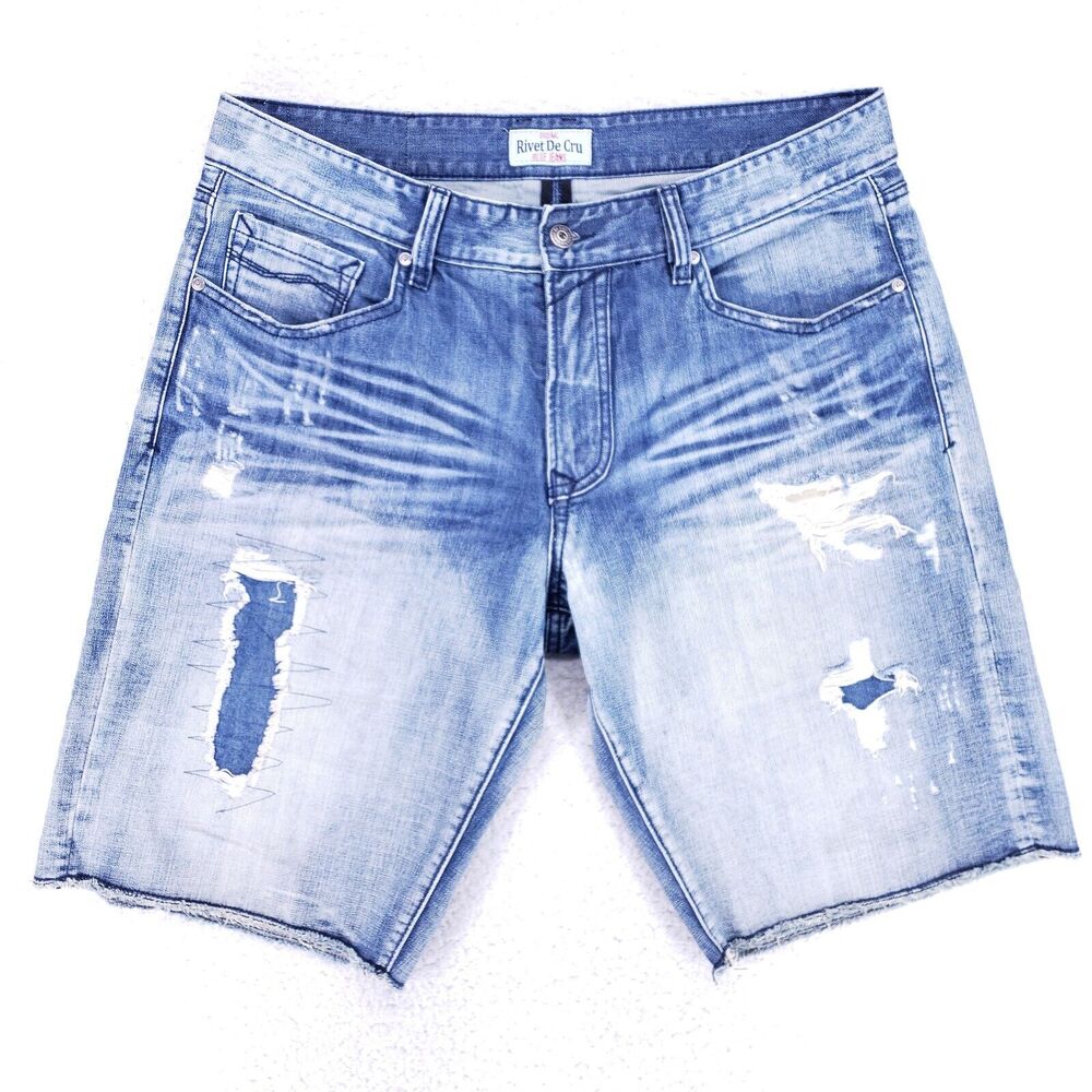 Rivet De Cru Jean Shorts Denim Cotton Mens SZ 38 Blue Straight VTG Baggy 90s Y2K